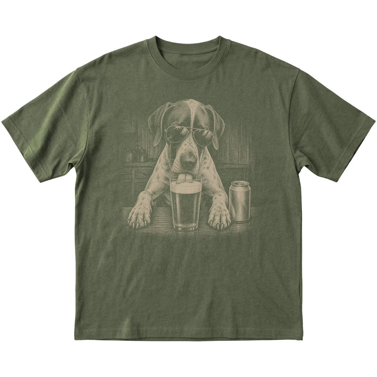 Military Green Pointer drinking from a pint at a bar, laid flat
