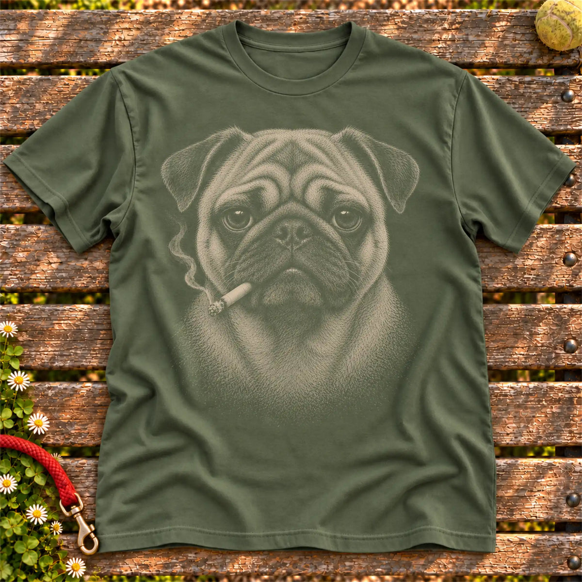 Pug smoking design on a Military Green t-shirt