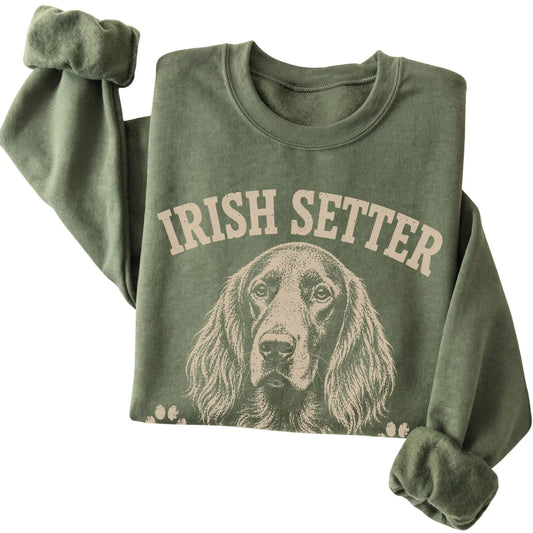 Military Green crewneck sweatshirt featuring Red Hair, Don't Care - Irish Setter, folded presentation