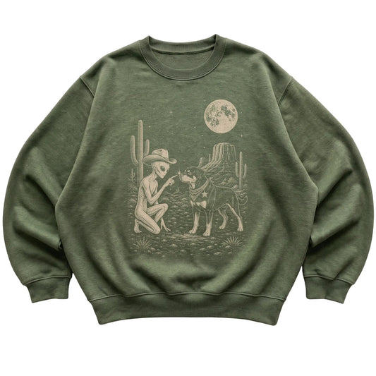 Military Green crewneck sweatshirt featuring Rottweiler Cowboy and Alien, laid-flat presentation