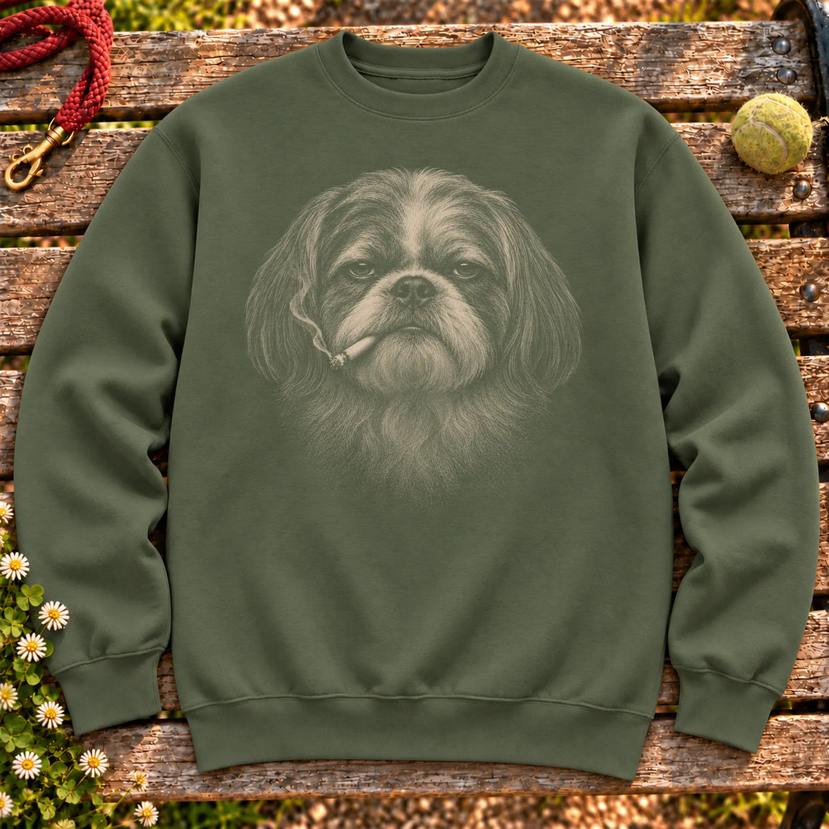 Shih Tzu smoking design on a Military Green sweatshirt