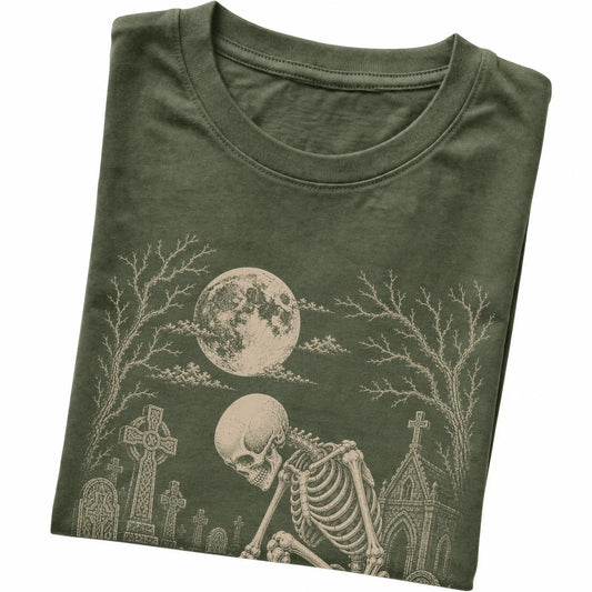 Folded Military Green T-shirt with a skeleton petting a Chihuahua in a graveyard