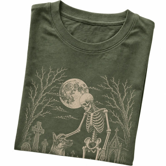 Folded Military Green T-shirt with a skeleton petting a German Shepherd in a graveyard