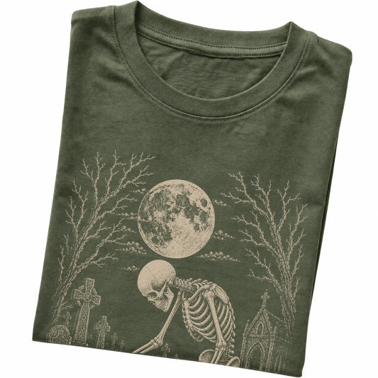 Folded Military Green T-shirt with a skeleton petting a Jack Russell in a graveyard