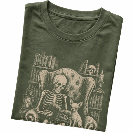 Folded Military Green T-shirt with a skeleton reading Tales Beyond to a Chihuahua