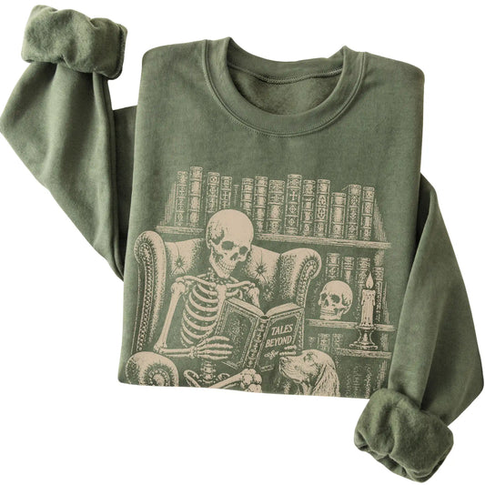 Folded Military Green sweatshirt with a skeleton reading Tales Beyond to an Irish Setter