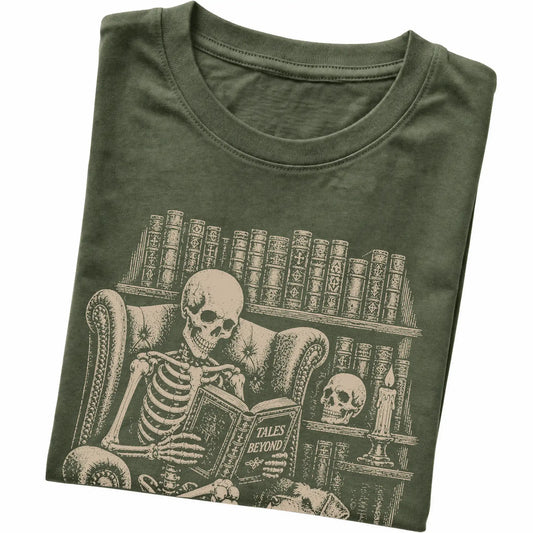 Folded Military Green T-shirt with a skeleton reading Tales Beyond to a Schnauzer