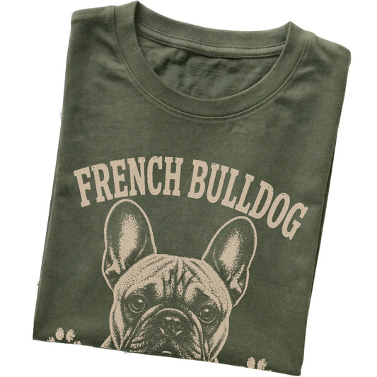 Military Green T-shirt featuring Small Frame, Main Character Energy - French Bulldog, folded presentation
