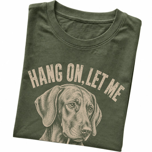 Military Green T-shirt featuring Overthinking Vizsla, folded presentation