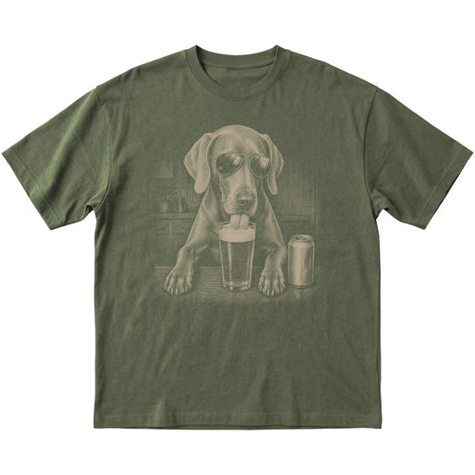 Military Green Weimaraner drinking from a pint at a bar, laid flat