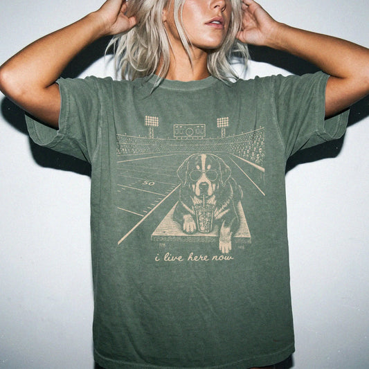 Model wearing a Moss Comfort Colors® T-shirt featuring Bernese Mountain Dog ready for football and tailgate season