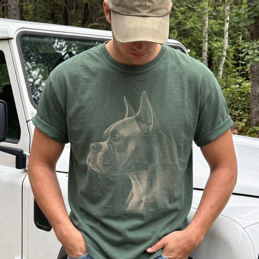 Model wearing a Moss Comfort Colors® T-shirt with a detailed photographic portrait of a Boxer