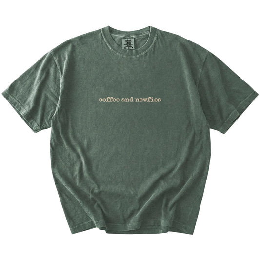 “coffee and newfies” retro text on a Moss Comfort Colors® T-shirt