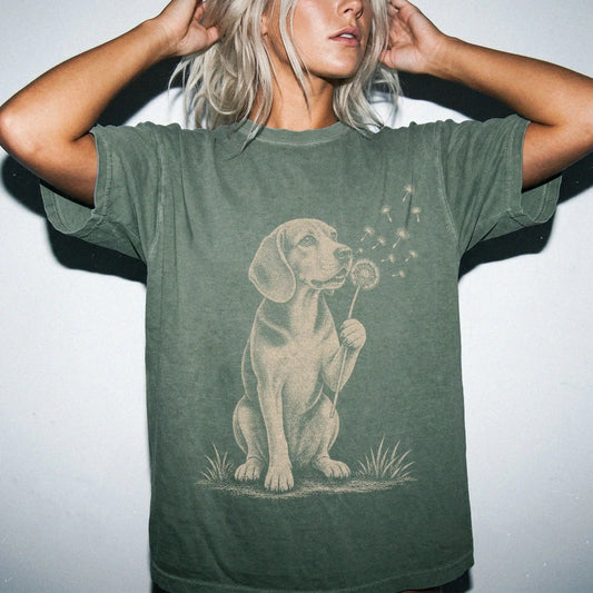 Model wearing a Moss Comfort Colors® T-shirt showing Beagle portrait with drifting dandelion seeds
