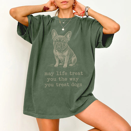 Woman wearing a Moss French Bulldog Karma T-Shirt
