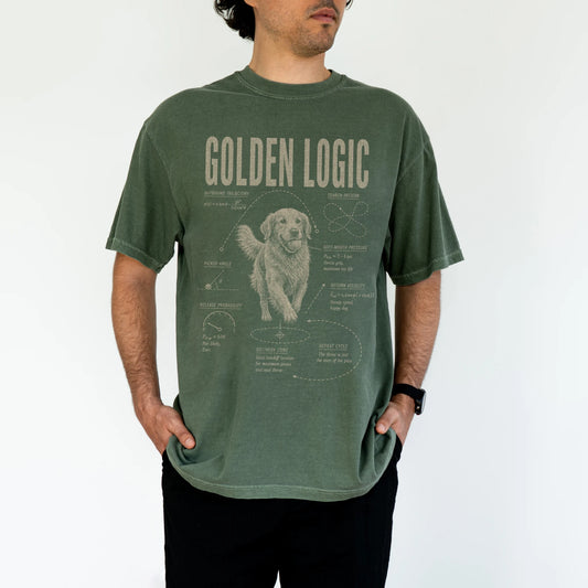 Man wearing a Moss Golden Retriever Logic T-Shirt