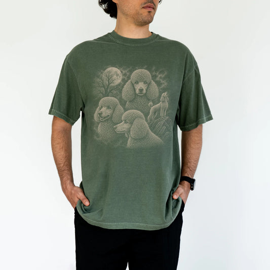 Model wearing a Moss Comfort Colors® T-shirt with a vintage moon montage featuring Poodle