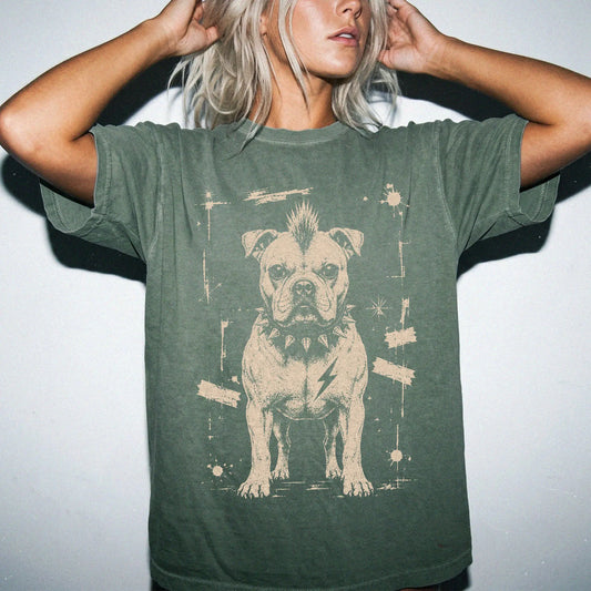 Woman wearing a Moss Punk Rock American Bulldog T-Shirt