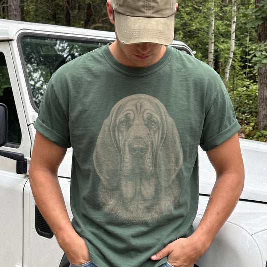 Model wearing a Moss Comfort Colors® T-shirt with a realistic drawing of a Bloodhound