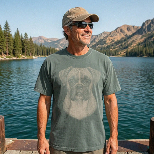 Model wearing a Moss Comfort Colors® T-shirt with a realistic drawing of a Boxer