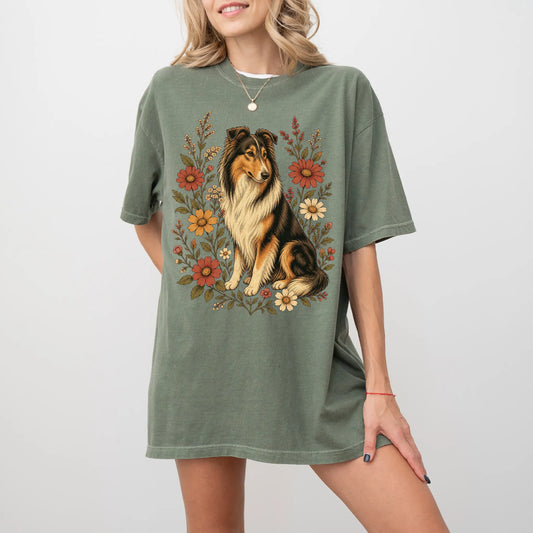 Model wearing a Moss Comfort Colors® T-shirt showing Collie portrait surrounded by wildflowers beneath the moon