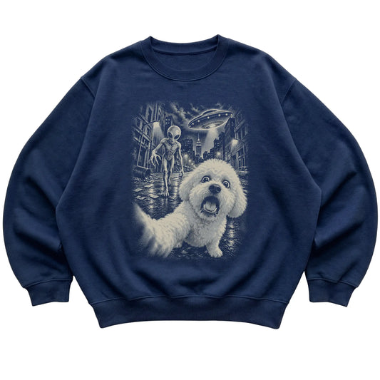 Bichon Frise Alien Selfie Gildan Crewneck Sweatshirt in Navy, flat view