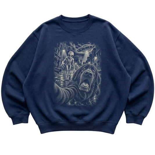 Newfie Alien Selfie Gildan Crewneck Sweatshirt in Navy, flat view