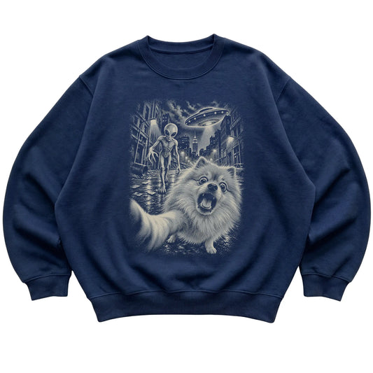Pomeranian Alien Selfie Gildan Crewneck Sweatshirt in Navy, flat view