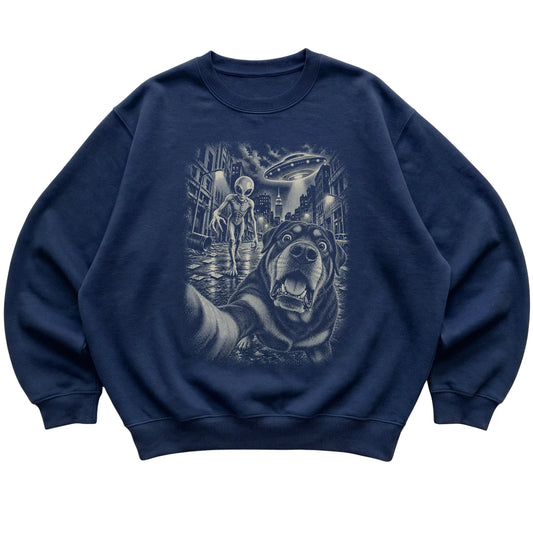 Rottweiler Alien Selfie Gildan Crewneck Sweatshirt in Navy, flat view