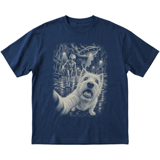 Westie Alien Selfie Gildan Softstyle T-Shirt in Navy, flat view