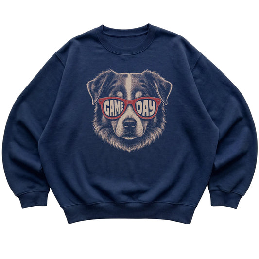 Navy Australian Shepherd Game Day Sunglasses sweatshirt, laid flat