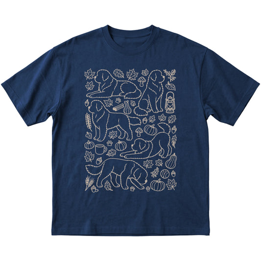Navy Newfie Fall Leaves shirt laid flat