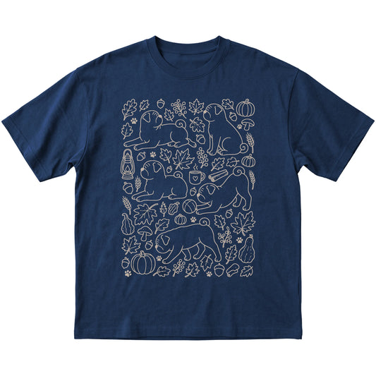 Navy Pug Fall Leaves shirt laid flat