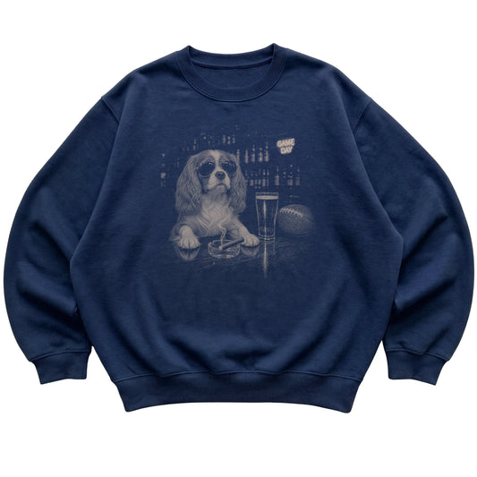 Navy Beer and Football Cavalier King Charles Spaniel sweatshirt, laid flat