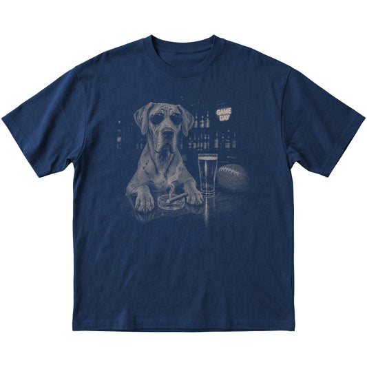 Navy Beer and Football Great Dane T-shirt, laid flat