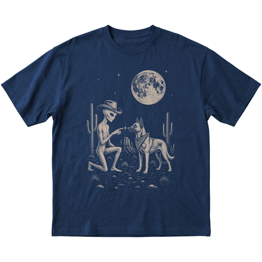 Navy T-shirt featuring Belgian Malinois Cowboy and Alien, laid-flat presentation