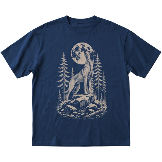Close view of Belgian Malinois Howling at the Moon artwork on Navy softstyle T-shirt