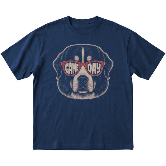 Navy Bernese Mountain Dog Game Day Sunglasses T-shirt, laid flat