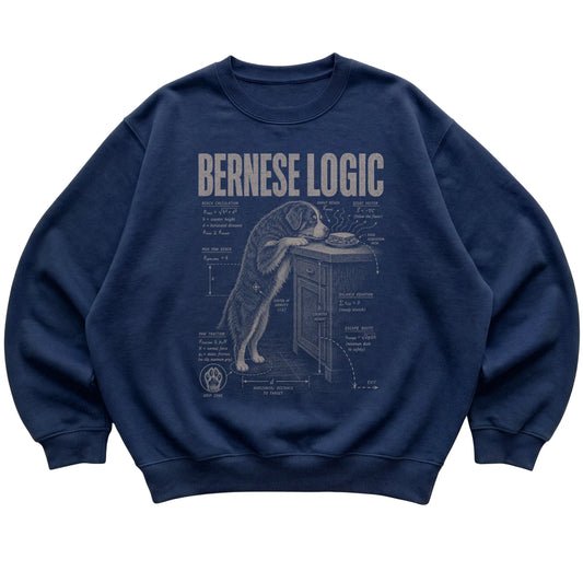 Navy Bernese Mountain Dog Logic sweatshirt laid flat