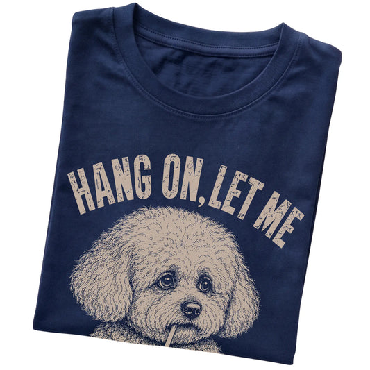 Navy T-shirt featuring Overthinking Bichon Frise, folded presentation