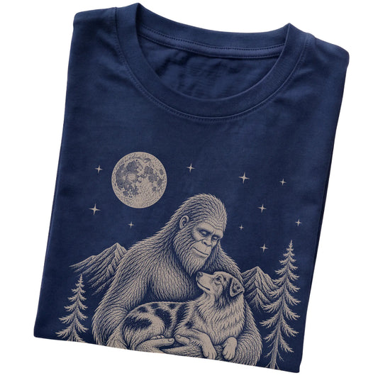 Folded Navy T-shirt showing Bigfoot holding an Australian Shepherd
