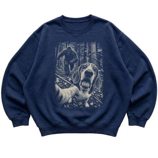 Navy Beagle Bigfoot selfie sweatshirt, full garment view