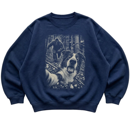 Navy Border Collie Bigfoot selfie sweatshirt, full garment view