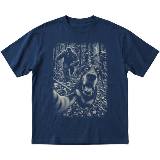 Navy Doberman Bigfoot selfie T-shirt, full garment view