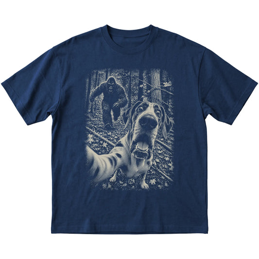 Navy Great Dane Bigfoot selfie T-shirt, full garment view