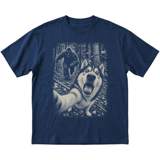 Navy Husky Bigfoot selfie T-shirt, full garment view