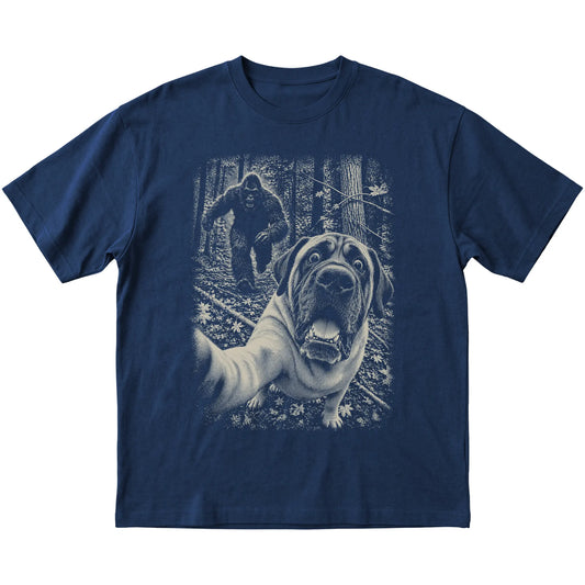 Navy Mastiff Bigfoot selfie T-shirt, full garment view