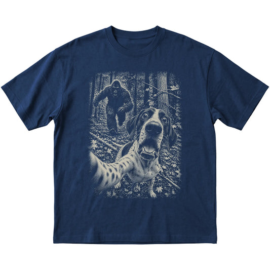 Navy Pointer Bigfoot selfie T-shirt, full garment view