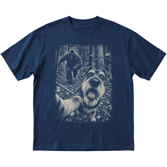 Navy Schnauzer Bigfoot selfie T-shirt, full garment view