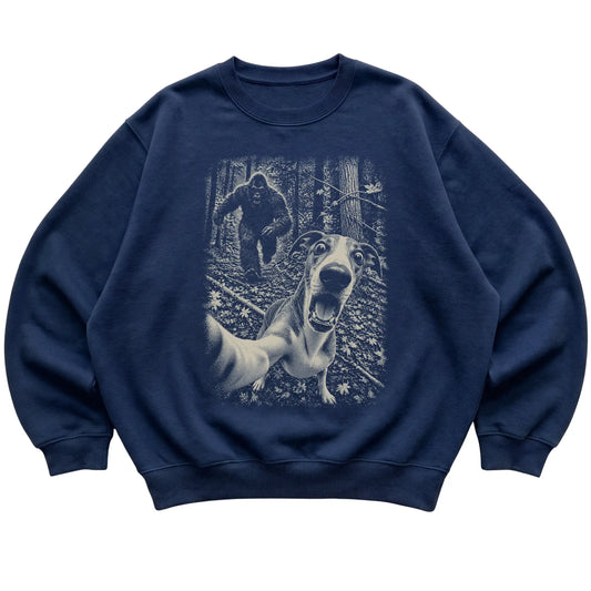 Navy Whippet Bigfoot selfie sweatshirt, full garment view